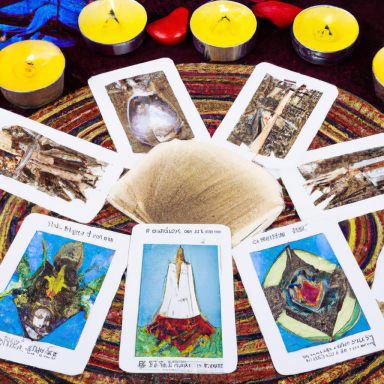 Tarotkarten auf einem runden Tisch mit brennenden Kerzen im Hintergrund.