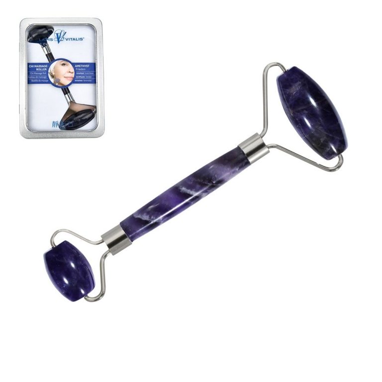 Ein Gesichtsroller aus Amethyst mit zwei Walzen für die Hautpflege.