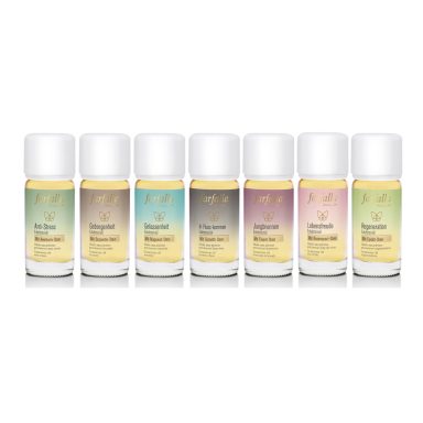 Set von acht Fläschchen mit unterschiedlichen flüssigen Inhaltsstoffen in sanften Farben.