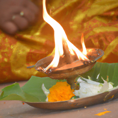 Ölampa mit Flamme, umgeben von bunten Puderfarben auf einem Blatt.