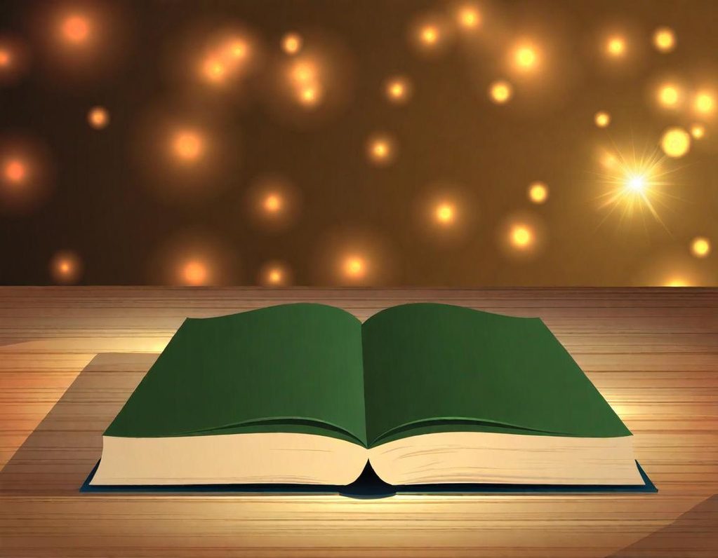 Bücher & CD's Offenes Buch auf einem Tisch, umgeben von warmen, verschwommenen Lichtern.